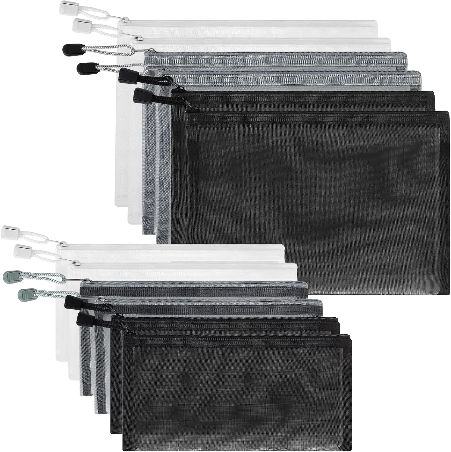 12 Pieces Zipper Nylon Mesh Pouch, Mesh Cosmetic Bags Makeup Bags Pencil Case, Multipurpose Travel Bags for Cosmetic School Office Supplies and Travel Accessories (Black,White,Grey, A5 B6)