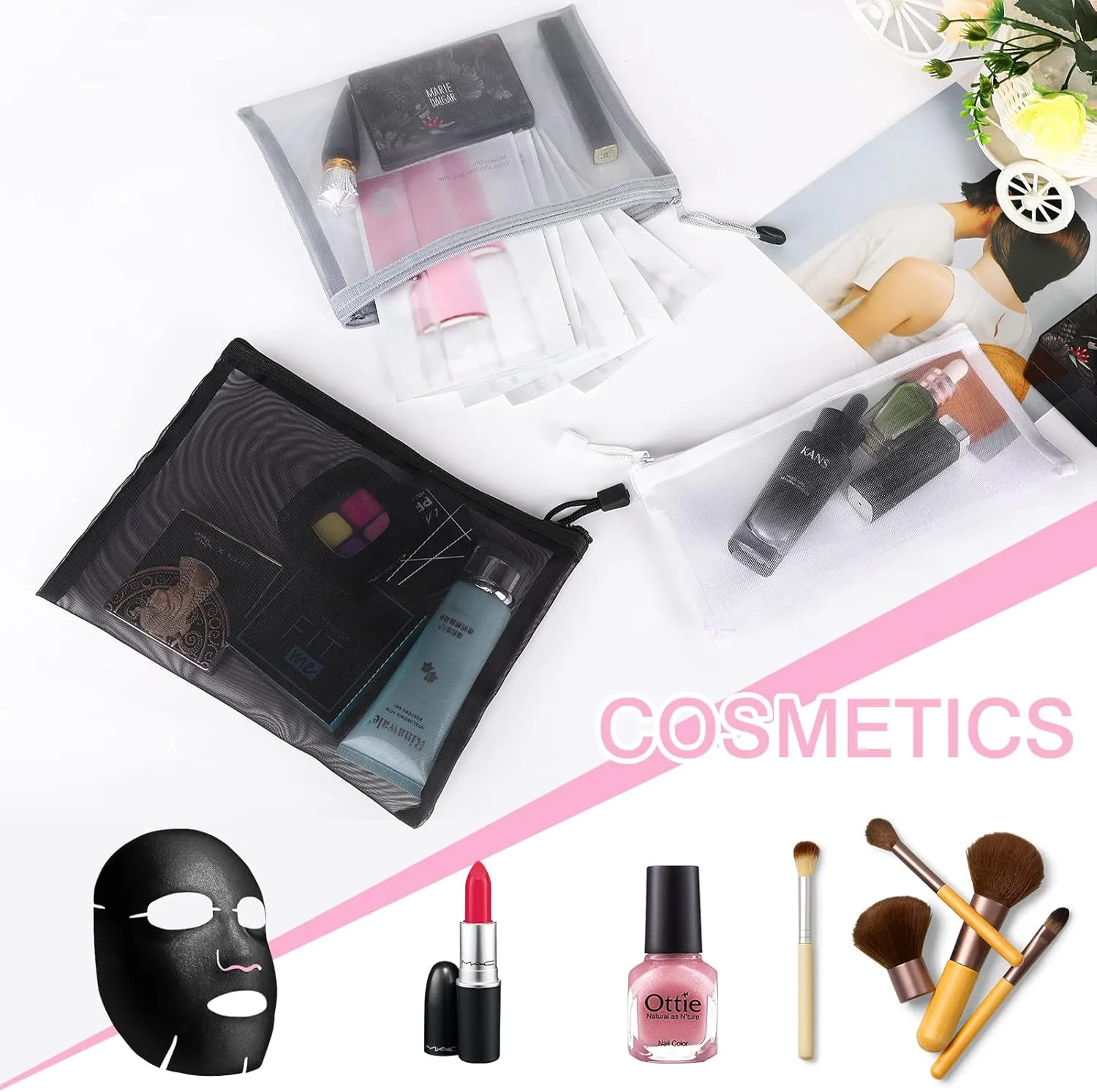 12 Pieces Zipper Nylon Mesh Pouch, Mesh Cosmetic Bags Makeup Bags Pencil Case, Multipurpose Travel Bags for Cosmetic School Office Supplies and Travel Accessories (Black,White,Grey, A5 B6)