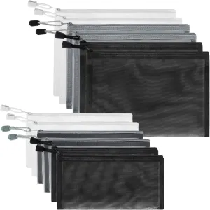 12 Pieces Zipper Nylon Mesh Pouch, Mesh Cosmetic Bags Makeup Bags Pencil Case, Multipurpose Travel Bags for Cosmetic School Office Supplies and Travel Accessories (Black,White,Grey, A5 B6)
