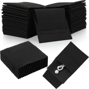120 Pcs Microfiber Jewelry Pouch 8x8cm Packaging Bag Luxury Gift Fixed Strap Envelope Style Packaging with Cleaning Cloth(Black)