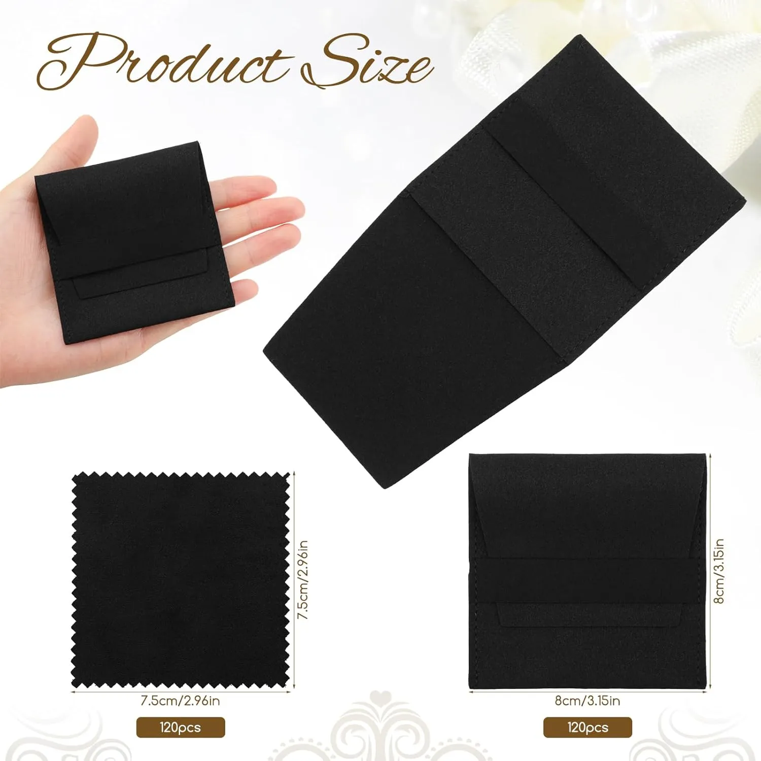 120 Pcs Microfiber Jewelry Pouch 8x8cm Packaging Bag Luxury Gift Fixed Strap Envelope Style Packaging with Cleaning Cloth(Black)