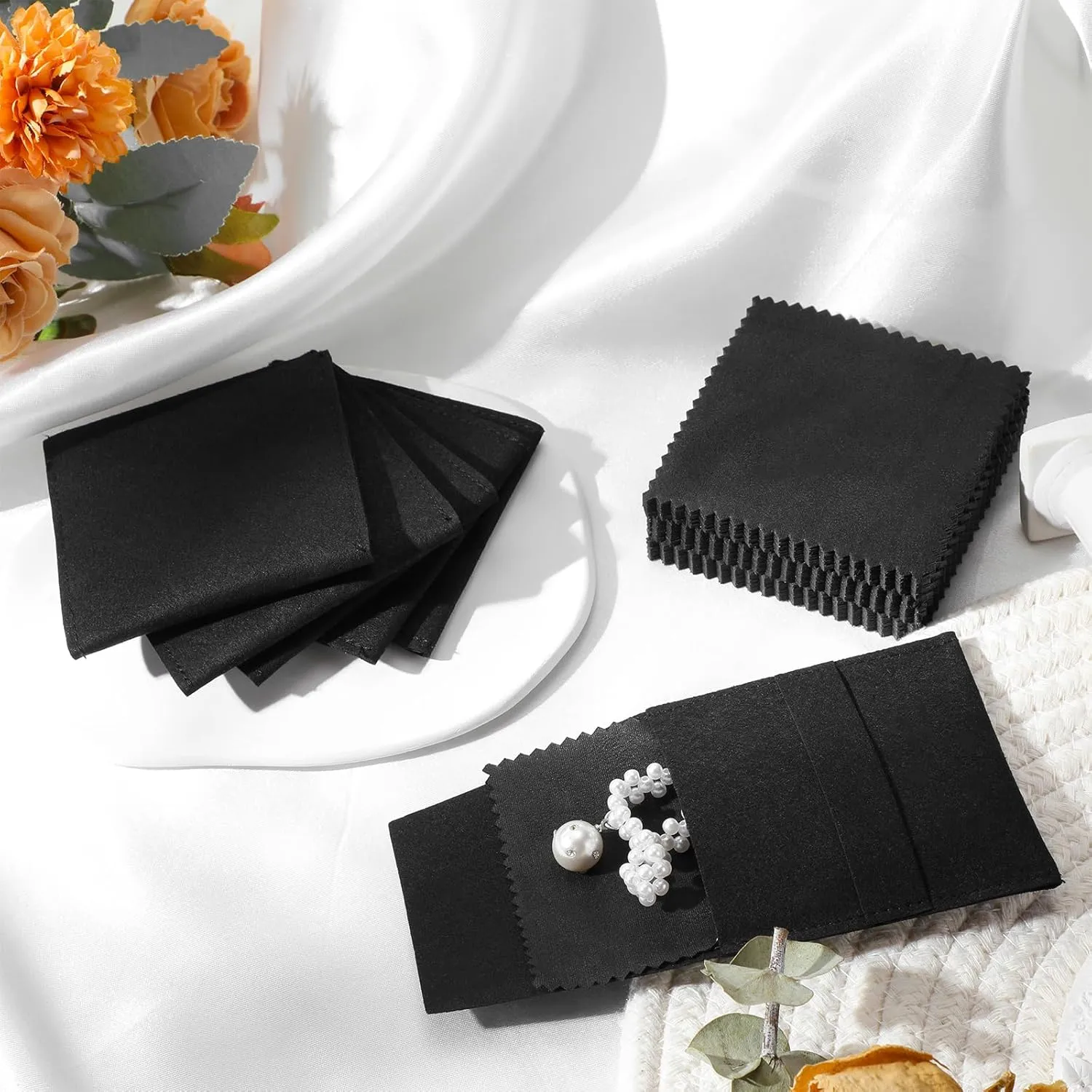 120 Pcs Microfiber Jewelry Pouch 8x8cm Packaging Bag Luxury Gift Fixed Strap Envelope Style Packaging with Cleaning Cloth(Black)