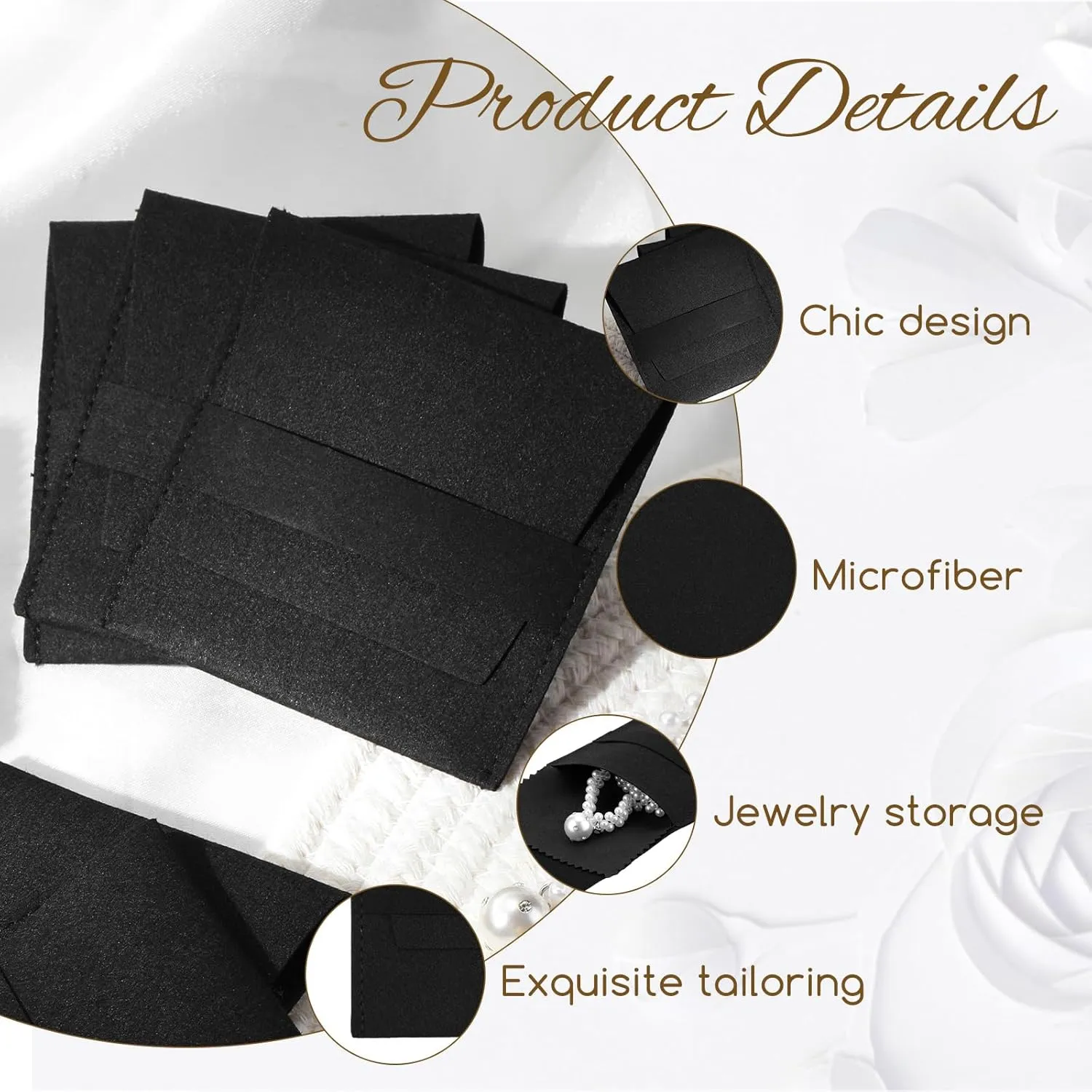 120 Pcs Microfiber Jewelry Pouch 8x8cm Packaging Bag Luxury Gift Fixed Strap Envelope Style Packaging with Cleaning Cloth(Black)
