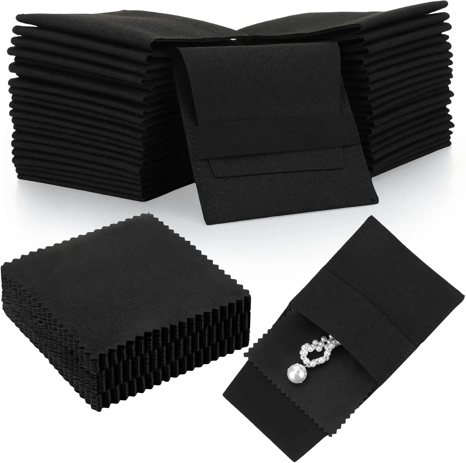 120 Pcs Microfiber Jewelry Pouch 8x8cm Packaging Bag Luxury Gift Fixed Strap Envelope Style Packaging with Cleaning Cloth(Black)