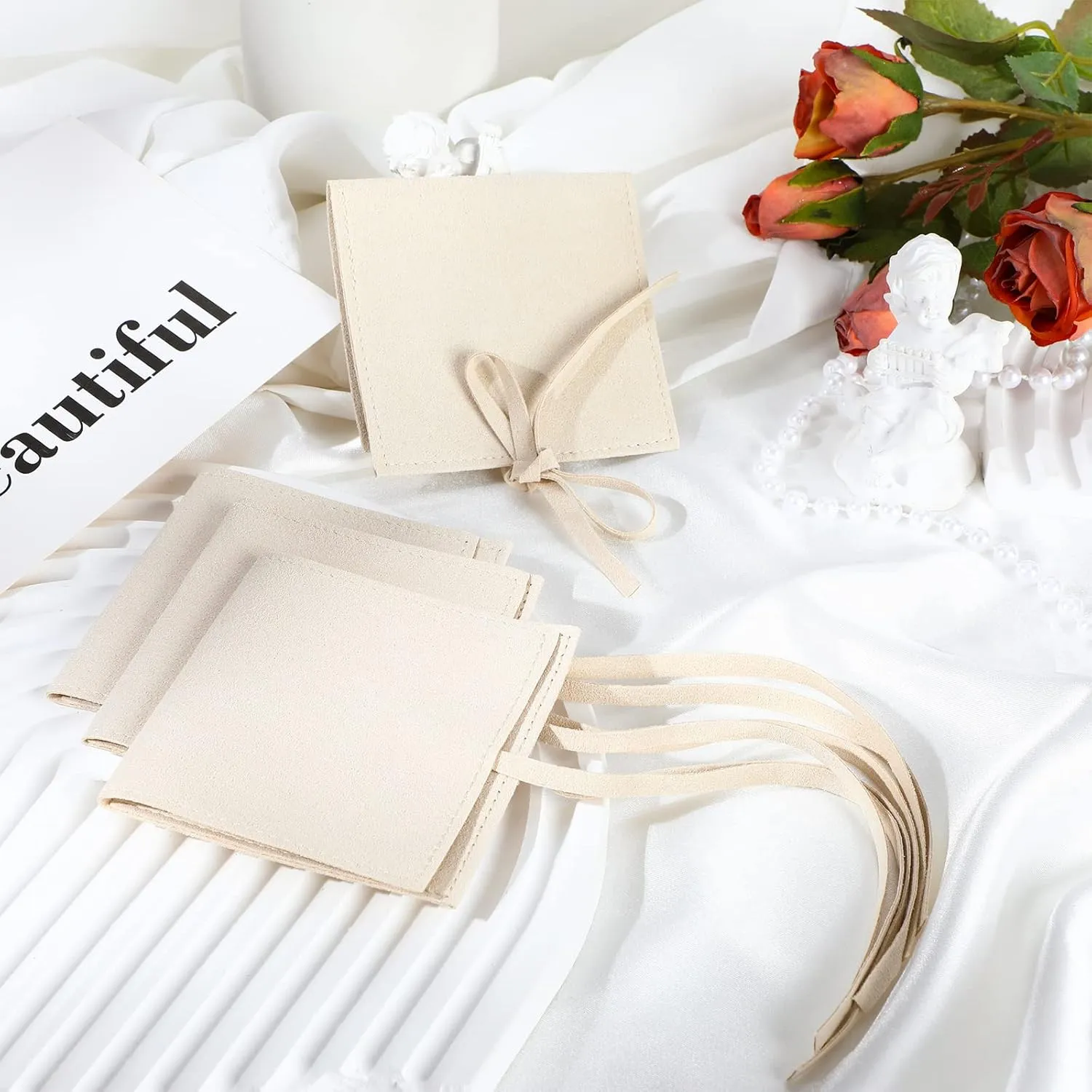 120 Pcs Microfiber Jewelry Pouch Jewelry Packaging Bag Jewelry Gift Bags Bow Tie Bracelet Packaging for Small Business with Jewelry Cleaning Cloth for Earrings Necklace Packaging (Beige)
