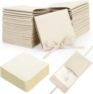 120 Pcs Microfiber Jewelry Pouch Jewelry Packaging Bag Jewelry Gift Bags Bow Tie Bracelet Packaging for Small Business with Jewelry Cleaning Cloth for Earrings Necklace Packaging (Beige)