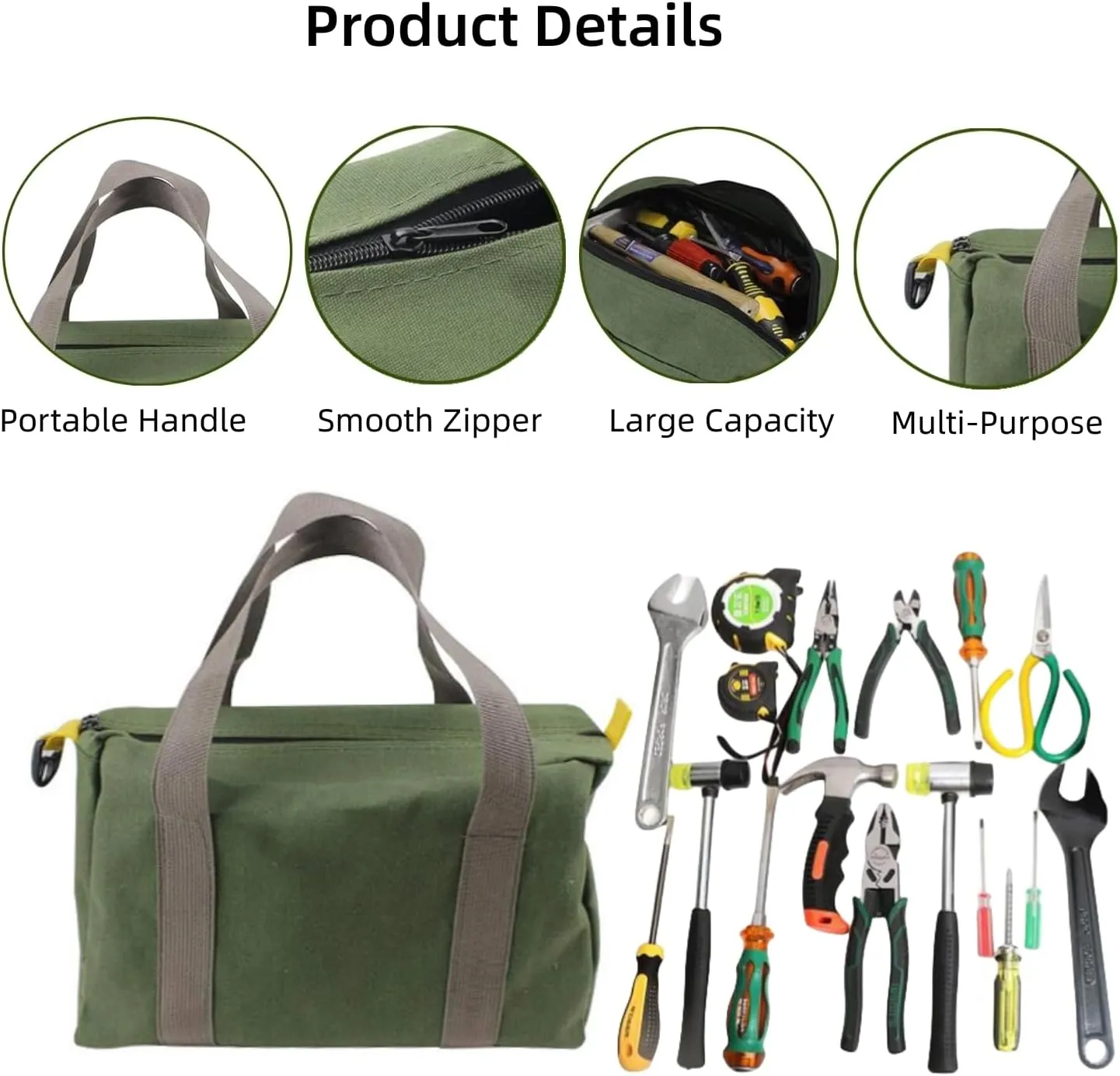 14 Inch Wide Mouth Tool Bag, Heavy Duty Canvas Tool Storage Bag for Men, Large Capacity Tool Tote Bag for Electricians, Power Tool Organizer Pouch