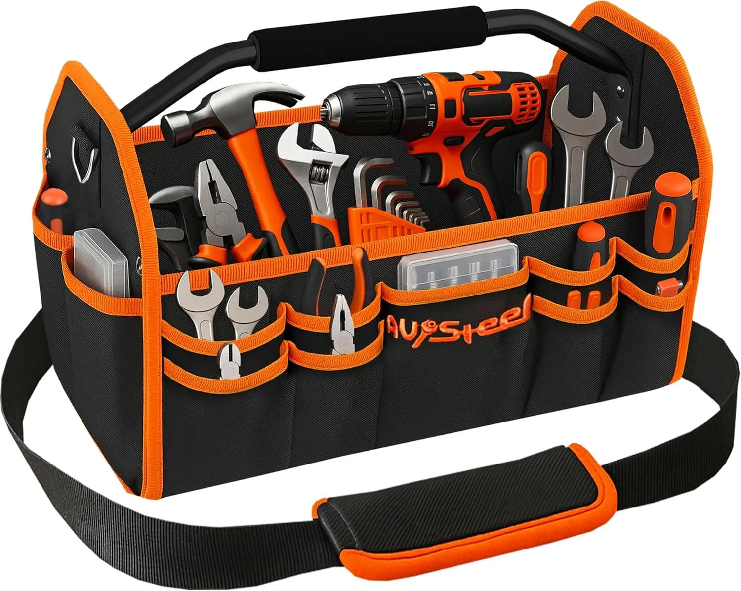 16 Inch Electrician Tool Bag, 26 Pockets Foldable Open Top Tool Bag Organizer with Handle & Padded Adjustable Strap, Heavy Duty Construction, Waterproof, Black & Orange