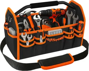 16 Inch Electrician Tool Bag, 26 Pockets Foldable Open Top Tool Bag Organizer with Handle & Padded Adjustable Strap, Heavy Duty Construction, Waterproof, Black & Orange