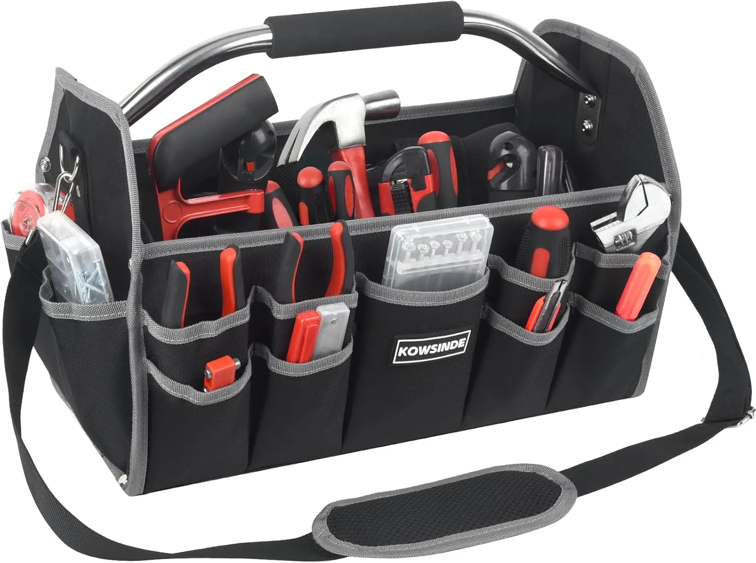16 Inch Tool Bag, Electrician Tool Bag, Open Top Tool Bags, 26 Pockets Can Hold Many Tools, Steel Handle and Removable Shoulder Strap