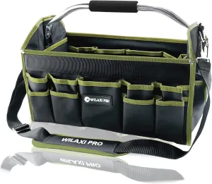 16in Foldable Tool Tote, Heavy Duty Open Top Tool Carrier Bag With Handle, Wide Mouth Electrician Tool Carrier, Many Pockets Can Hold Many Tools