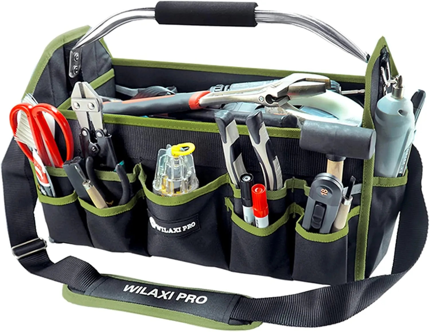 16in Foldable Tool Tote, Heavy Duty Open Top Tool Carrier Bag With Handle, Wide Mouth Electrician Tool Carrier, Many Pockets Can Hold Many Tools