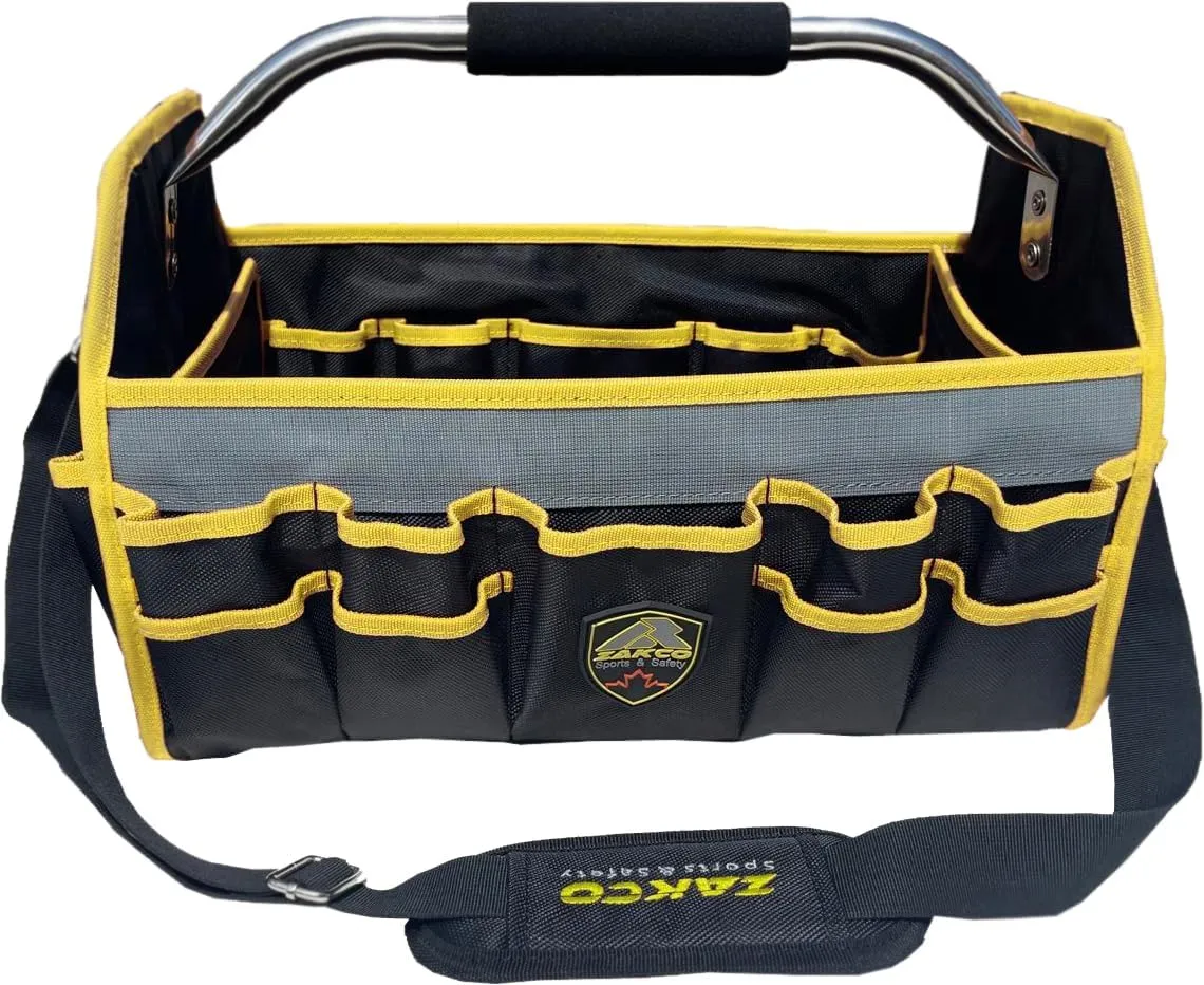 16" Open Top Tool Tote, 1680D Durable Tool Organizer for Plumber, Electrician, HVAC Technicians. Trade Professionals Tool Bag, Tool Bag with Detachable Strap (Yellow with SS Handle, 16 Inches)