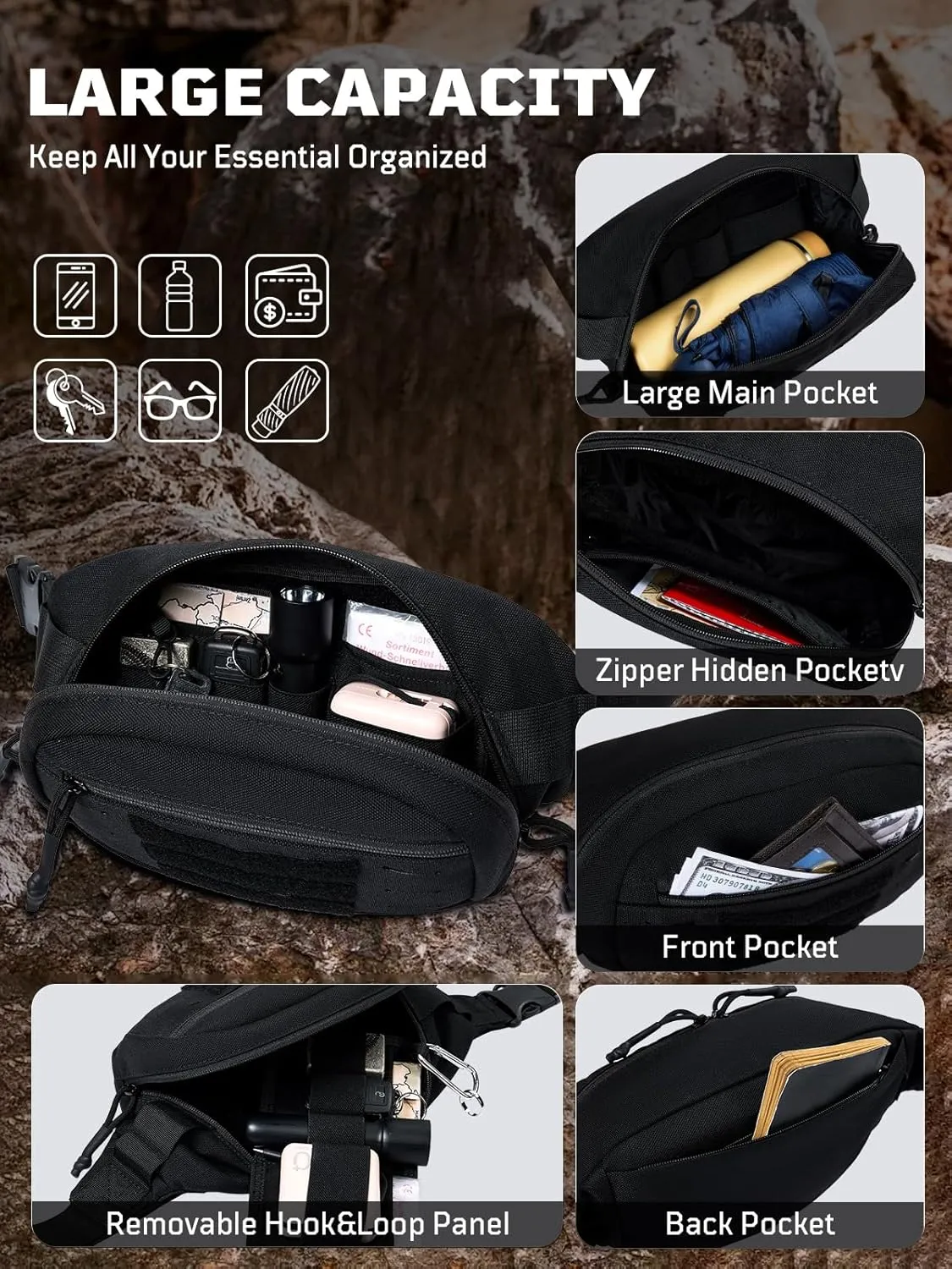 1TG Fanny Pack for Men, Waist Bag Crossbody Bag Sling Bag Waist Pack for Hiking Running Hunting Fitness Yoga Dog Walking Travel