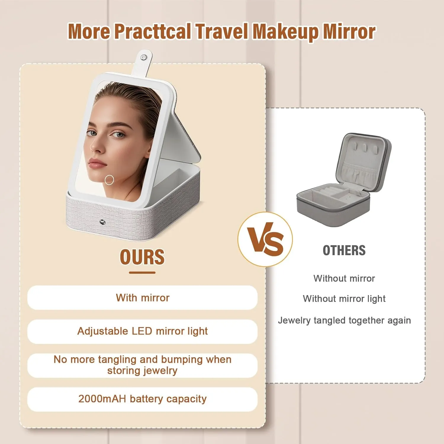 2 in 1 Jewelry Box,Travel Jewelry Case Organizer with LED Makeup Mirror for and 10 Anti-Tarnish PVC Jewelry Bags Girls Women and Travel Essential to Store Ring, Necklace, Earring (White, L)