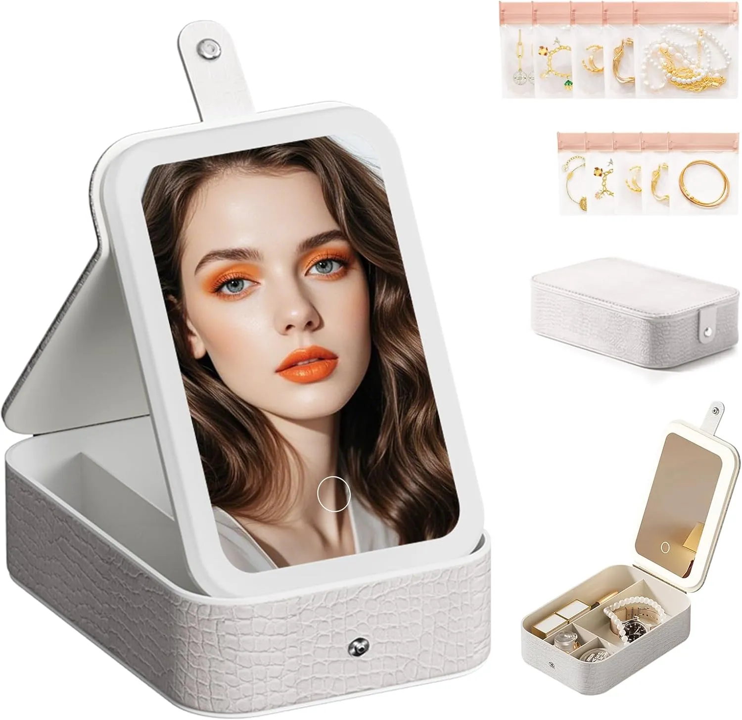 2 in 1 Jewelry Box,Travel Jewelry Case Organizer with LED Makeup Mirror for and 10 Anti-Tarnish PVC Jewelry Bags Girls Women and Travel Essential to Store Ring, Necklace, Earring (White, L)
