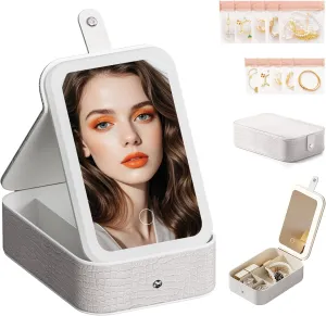 2 in 1 Jewelry Box,Travel Jewelry Case Organizer with LED Makeup Mirror for and 10 Anti-Tarnish PVC Jewelry Bags Girls Women and Travel Essential to Store Ring, Necklace, Earring (White, L)