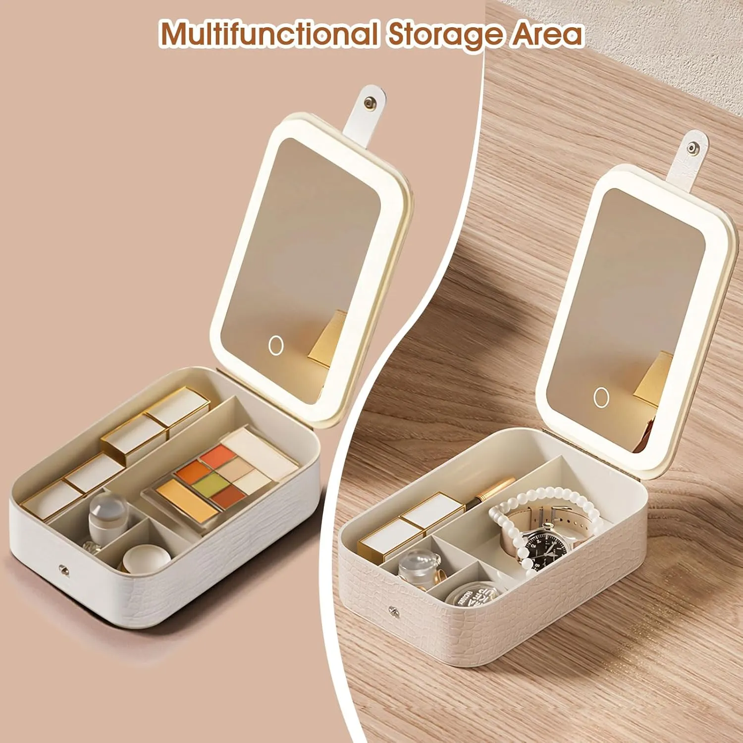 2 in 1 Jewelry Box,Travel Jewelry Case Organizer with LED Makeup Mirror for and 10 Anti-Tarnish PVC Jewelry Bags Girls Women and Travel Essential to Store Ring, Necklace, Earring (White, L)