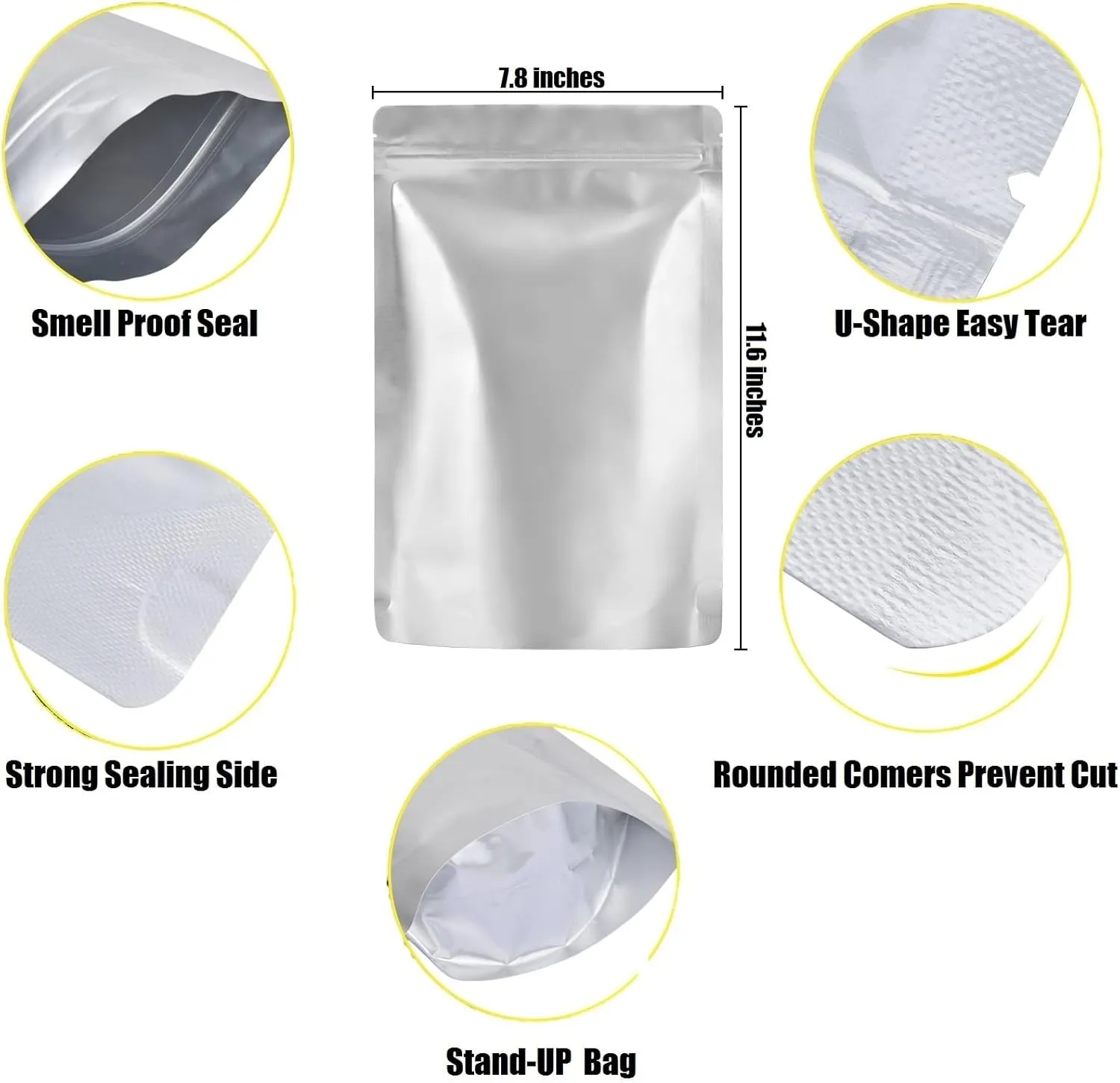 2 Quart Mylar Bags for Food Storage,Heat Resealable Mylar Bag with Stickers,Storage Bags for Food 4.75 Mil Thick,7.8"x11.6" (50Pack-2Quart)