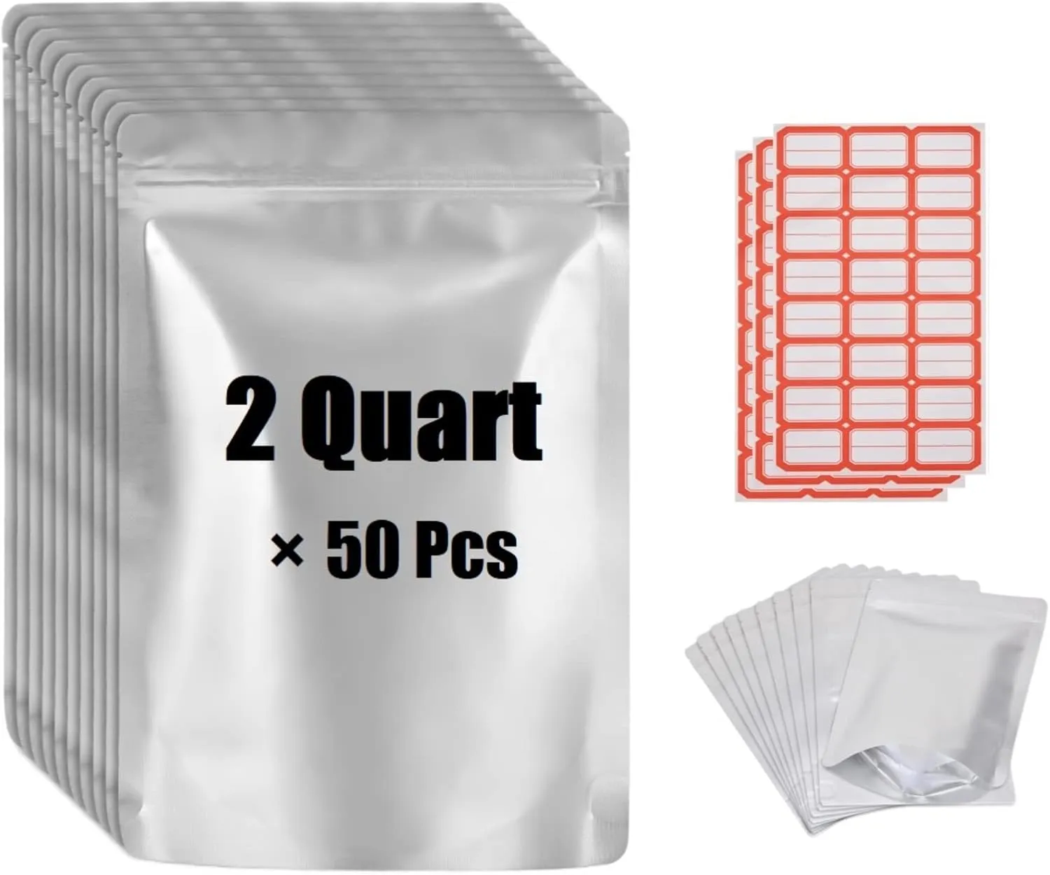 2 Quart Mylar Bags for Food Storage,Heat Resealable Mylar Bag with Stickers,Storage Bags for Food 4.75 Mil Thick,7.8"x11.6" (50Pack-2Quart)