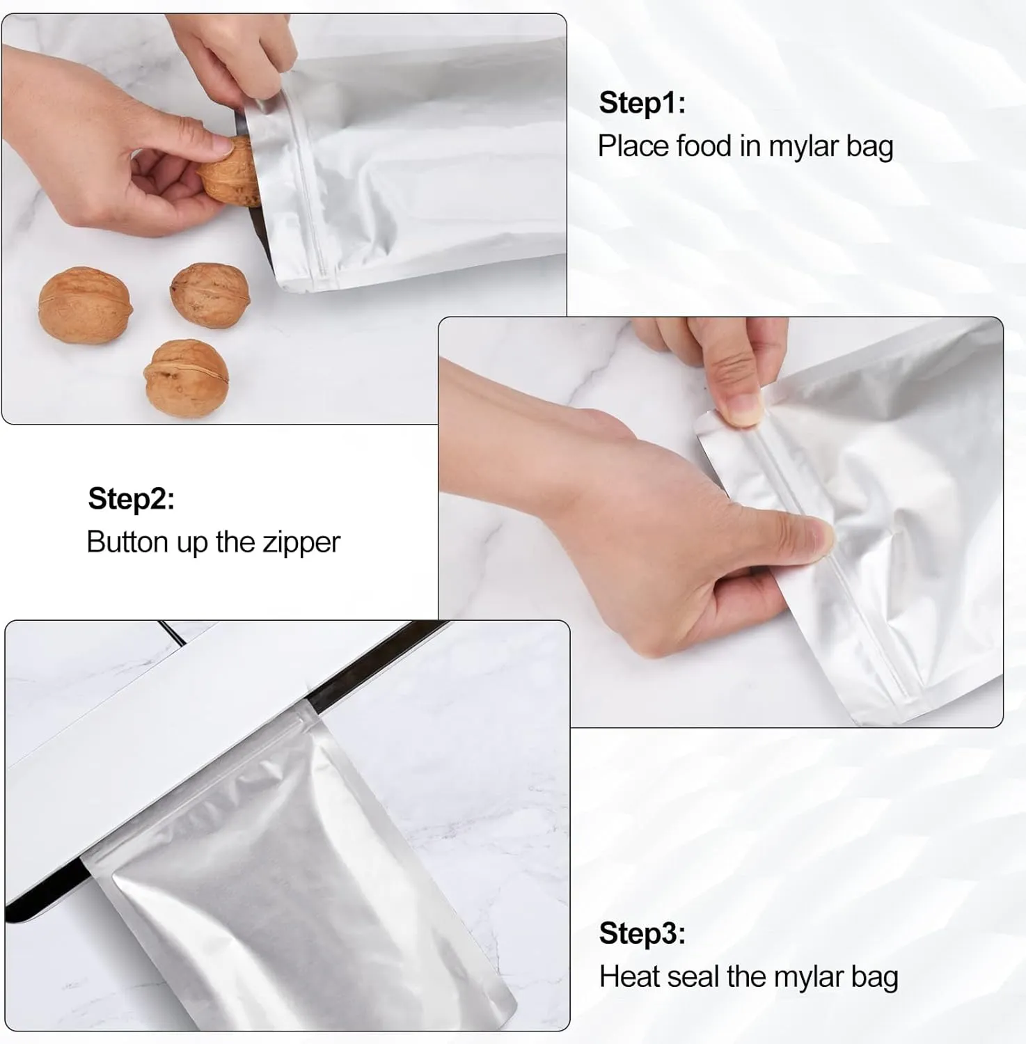 2 Quart Mylar Bags for Food Storage,Heat Resealable Mylar Bag with Stickers,Storage Bags for Food 4.75 Mil Thick,7.8"x11.6" (50Pack-2Quart)