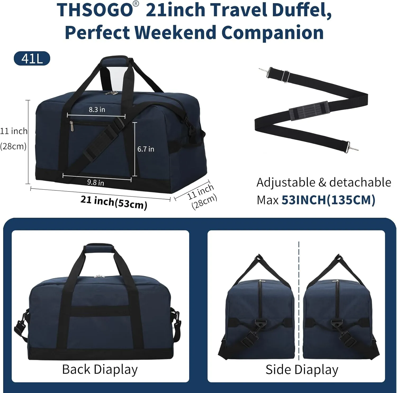21 inch Gym Duffle Bag for Men - 40L Travel Duffel Bag with Bottom Support (Navy Blue)