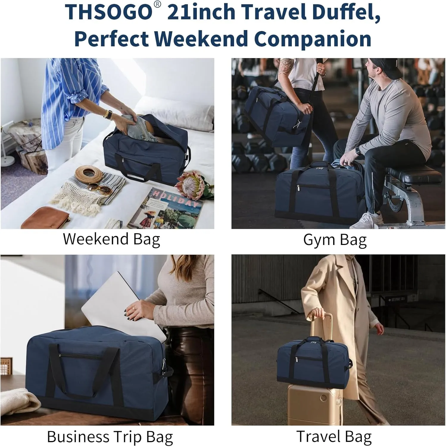 21 inch Gym Duffle Bag for Men - 40L Travel Duffel Bag with Bottom Support (Navy Blue)