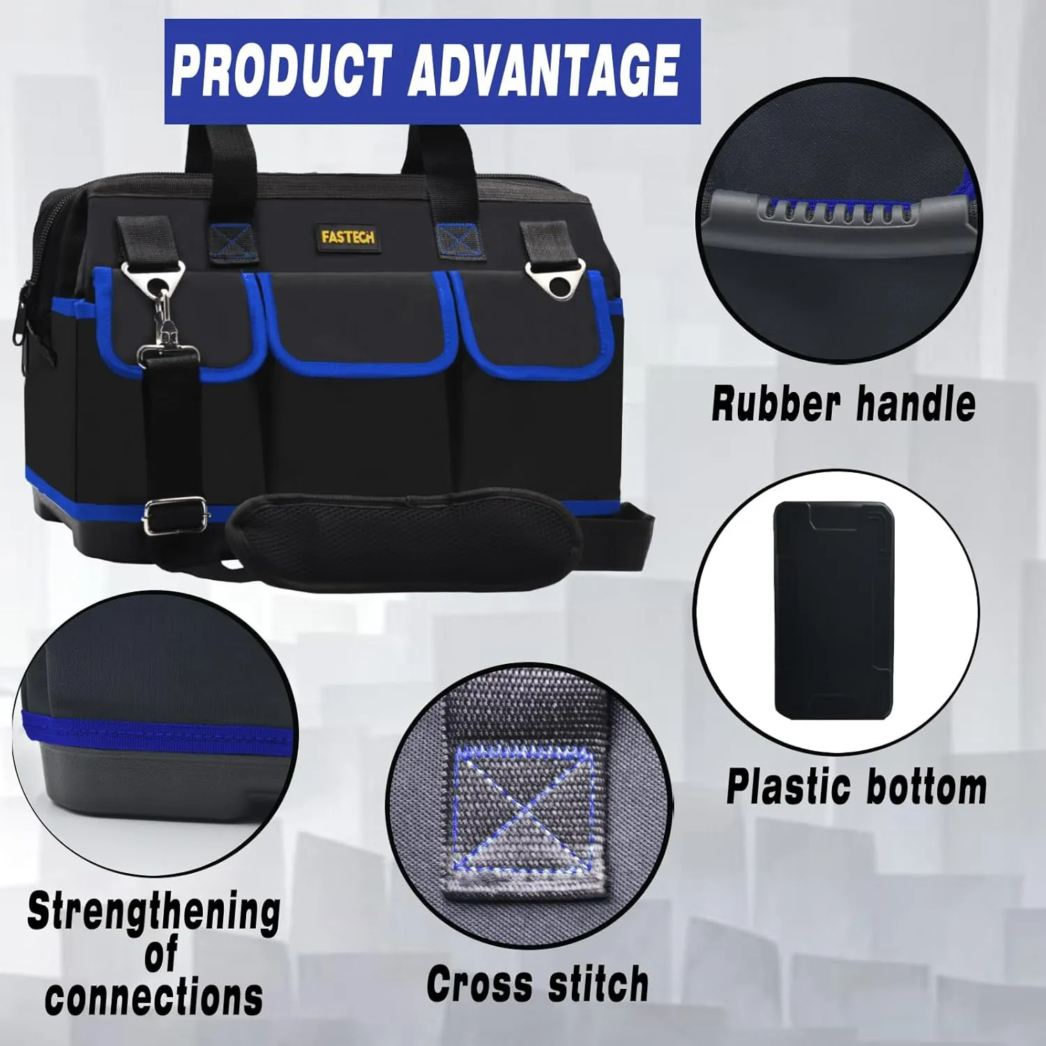 22 Inch Tool Bag, Waterproof Wide Mouth Tool Kit, Heavy Duty Tool Bag Organizer With Shoulder Straps, Tool Storage Package For Men/Women (Blue22IN)