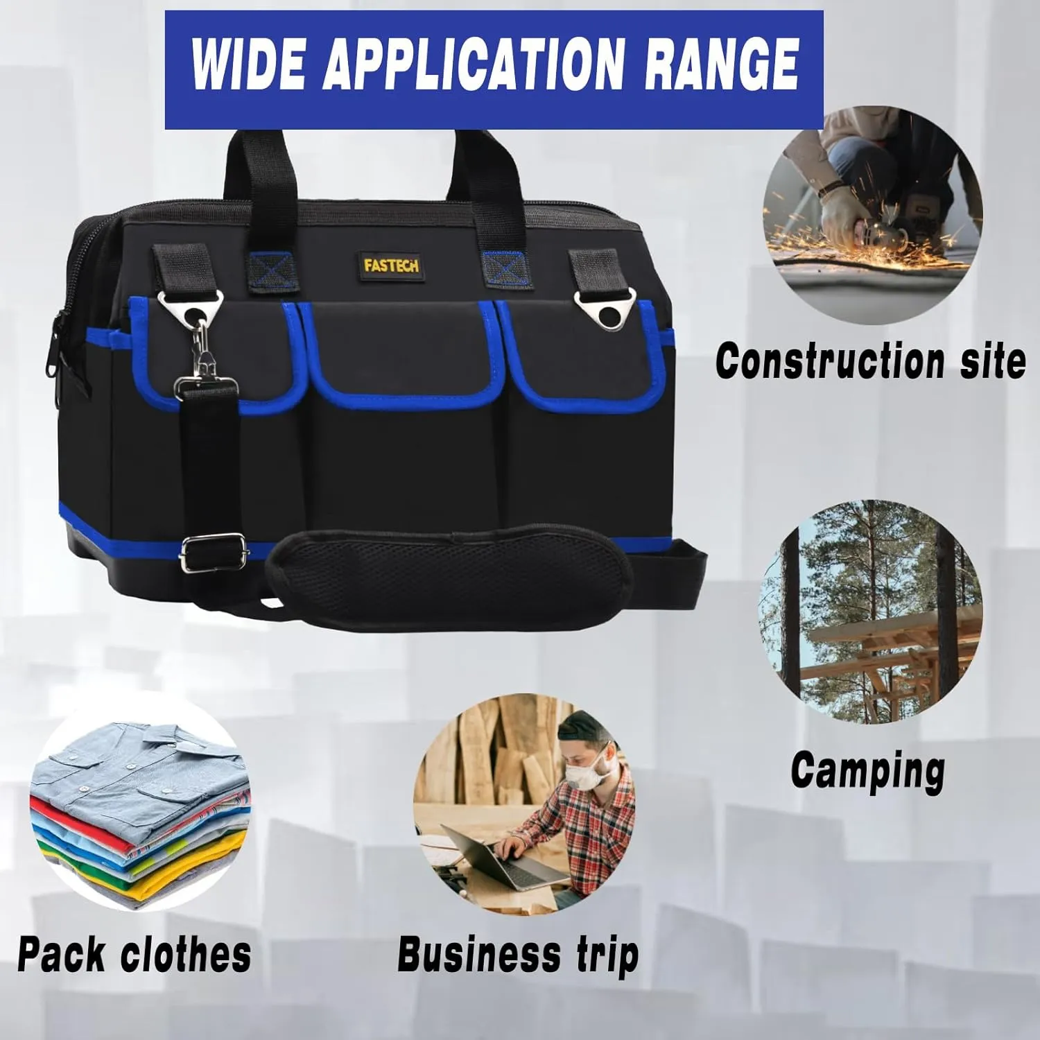 22 Inch Tool Bag, Waterproof Wide Mouth Tool Kit, Heavy Duty Tool Bag Organizer With Shoulder Straps, Tool Storage Package For Men/Women (Blue22IN)
