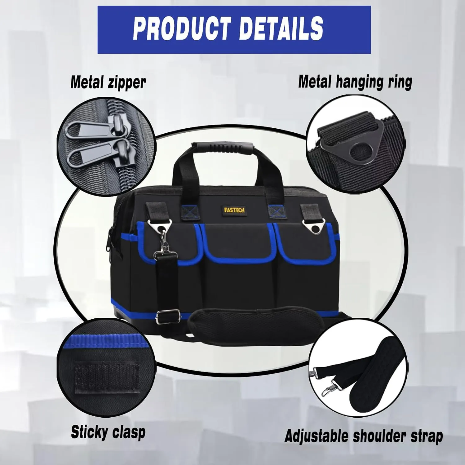 22 Inch Tool Bag, Waterproof Wide Mouth Tool Kit, Heavy Duty Tool Bag Organizer With Shoulder Straps, Tool Storage Package For Men/Women (Blue22IN)