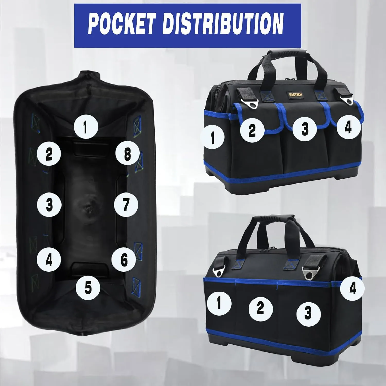 22 Inch Tool Bag, Waterproof Wide Mouth Tool Kit, Heavy Duty Tool Bag Organizer With Shoulder Straps, Tool Storage Package For Men/Women (Blue22IN)