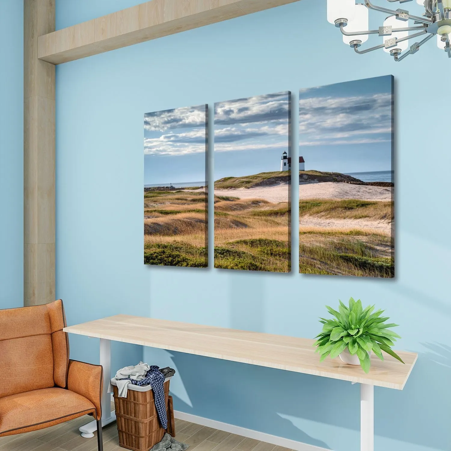 3 Piece Canvas Wall Art Prints Picture Lighthouse sand dunes Cape Cod beach Framed Wall Painting Modern Artwork Poster Home Decor for Living Room Office Ready to Hang