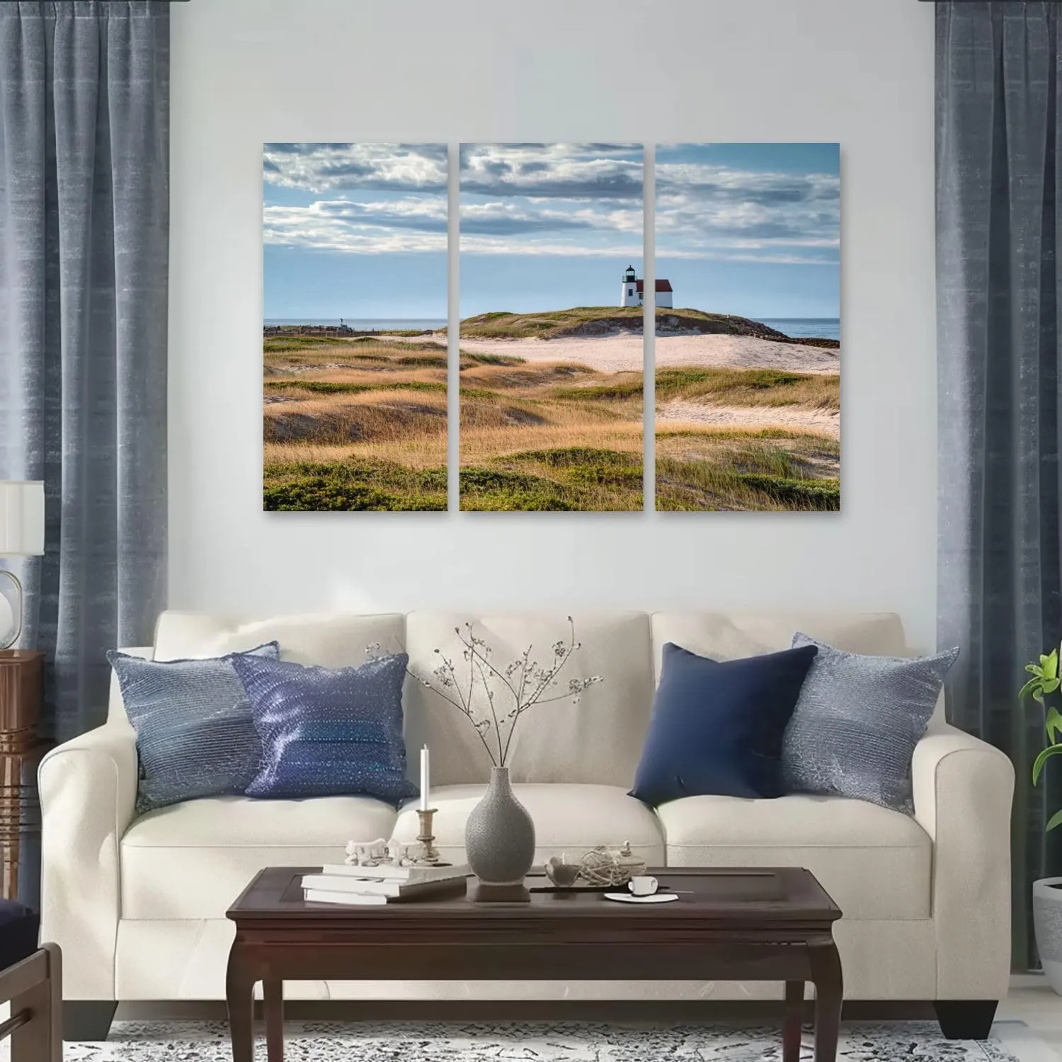3 Piece Canvas Wall Art Prints Picture Lighthouse sand dunes Cape Cod beach Framed Wall Painting Modern Artwork Poster Home Decor for Living Room Office Ready to Hang