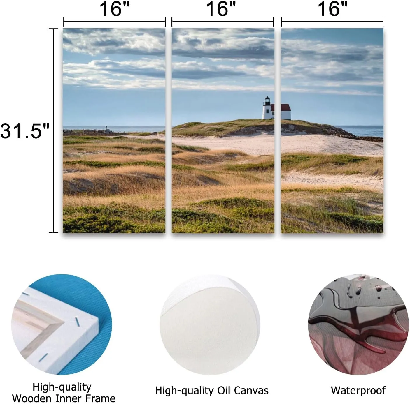 3 Piece Canvas Wall Art Prints Picture Lighthouse sand dunes Cape Cod beach Framed Wall Painting Modern Artwork Poster Home Decor for Living Room Office Ready to Hang