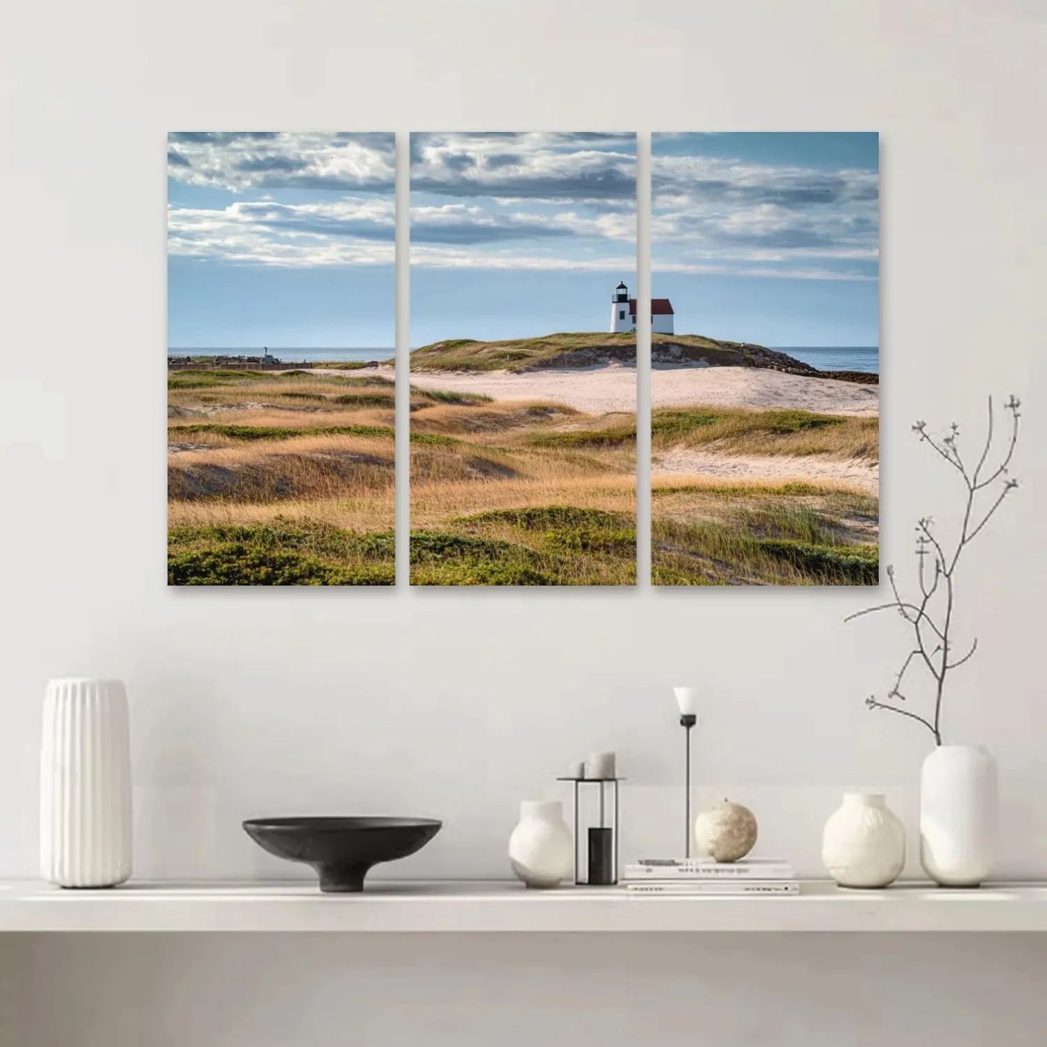 3 Piece Canvas Wall Art Prints Picture Lighthouse sand dunes Cape Cod beach Framed Wall Painting Modern Artwork Poster Home Decor for Living Room Office Ready to Hang