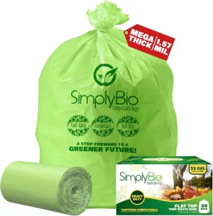 30-33 Gallon Compostable Trash Bags Liners Flat-Top, Heavy Duty Extra Thick 1.57 Mil, 124.92 Liter, 30 Bags, Lawn, Yard, and Restaurant Use, ASTM D6400, US BPI, OK Compost Home Certified