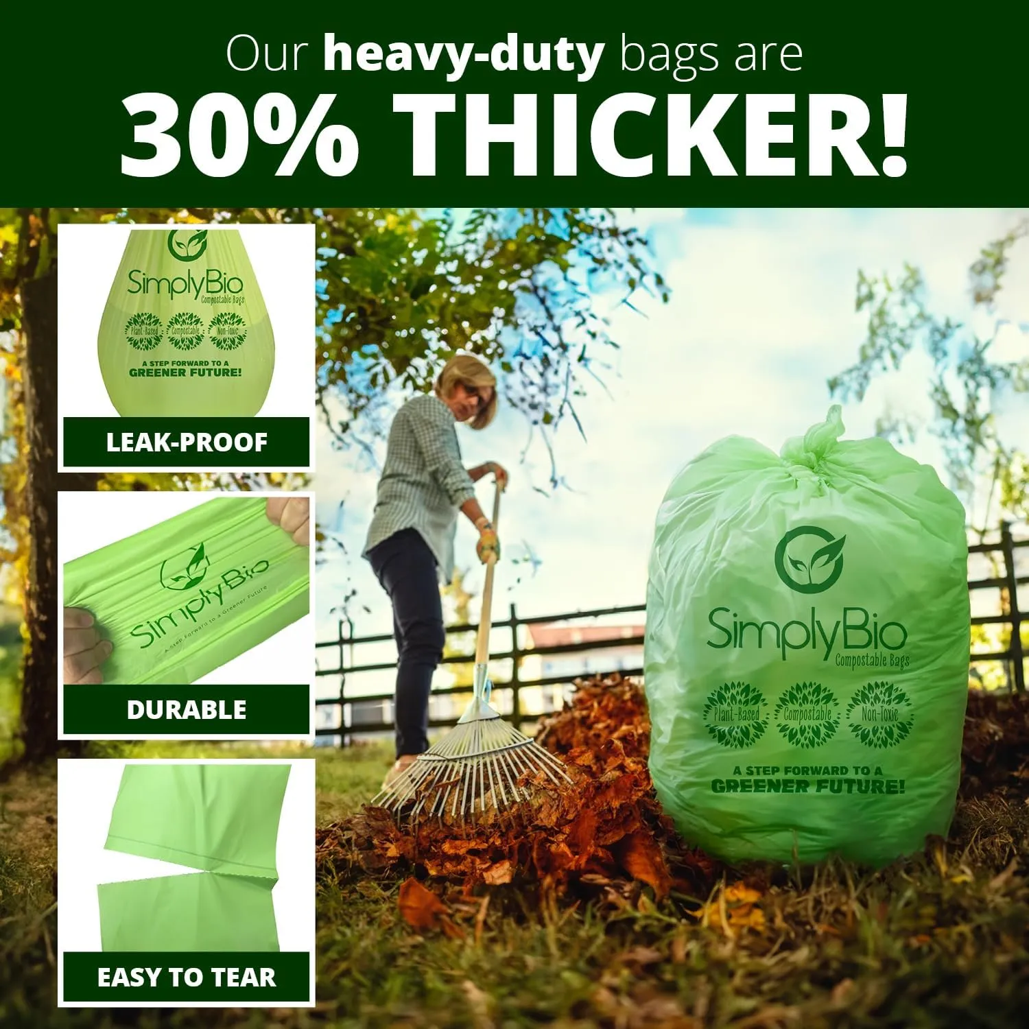 30-33 Gallon Compostable Trash Bags Liners Flat-Top, Heavy Duty Extra Thick 1.57 Mil, 124.92 Liter, 30 Bags, Lawn, Yard, and Restaurant Use, ASTM D6400, US BPI, OK Compost Home Certified