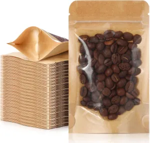 300 Pcs Stand Up Pouches, 3.5" x 5.5" Kraft Paper Bag with Window Clear Front Pouches Resealable Zip Lock Food Storage Bags for Food, Coffee, Beans, Snacks