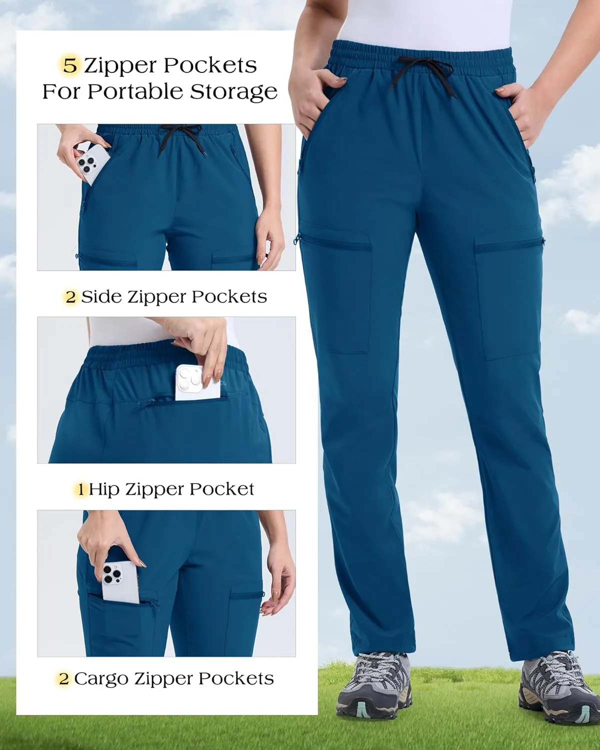 33,000ft Womens Golf Pants with 5 Zippered Pockets Quick Dry Lightweight Hiking Pants Elastic Waist Water-Resistant Outdoor