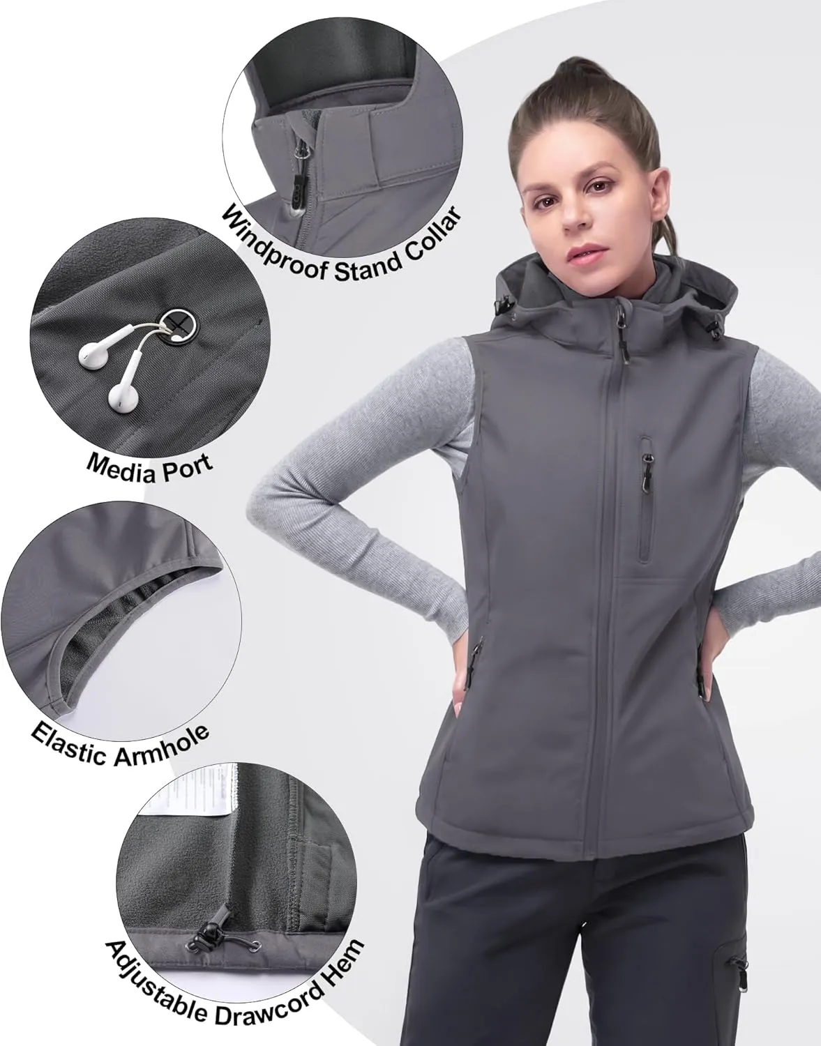 33,000ft Women's Hooded Lightweight Softshell Vest Fleece Lined Windproof Zip Up Sleeveless Jacket for Hiking Golf Running