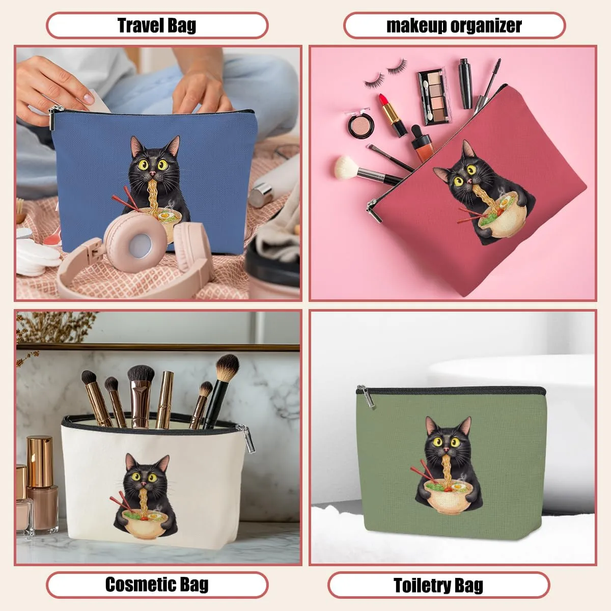4 Pack Funny Noodles Cat Lover Gifts Cat Gifts for Women Mum Bestie Teacher Girls Trip Makeup Bag,Travel Essentials Cosmetic Bags for Women, Travel Toiletry Bag Friendship Birthday Christmas