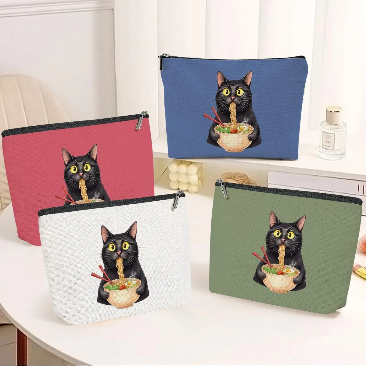 4 Pack Funny Noodles Cat Lover Gifts Cat Gifts for Women Mum Bestie Teacher Girls Trip Makeup Bag,Travel Essentials Cosmetic Bags for Women, Travel Toiletry Bag Friendship Birthday Christmas