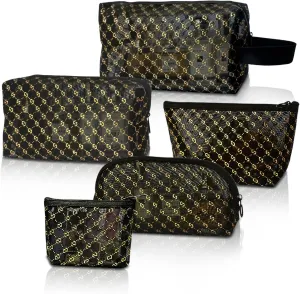 5 Pieces Zipper Mesh Makeup Bags Set, Portable Travel Mesh Cosmetic Bags Toiletry Bags Makeup Purse pouches, Zipper Storage Pouches for Home Offices Travel Accessories (Black Hot Stamping-5pcs)