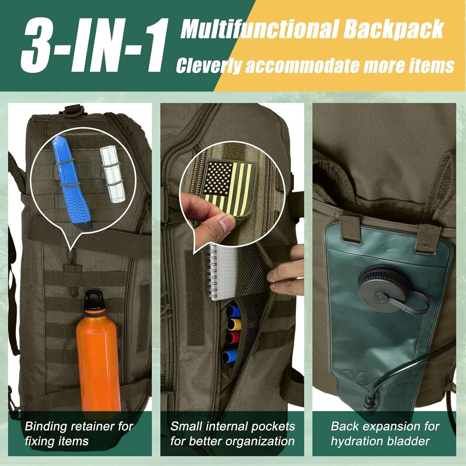 55L Large Travel Gym Duffle Bag Military Tactical Backpack, Army Pack 3 Day Bug Out Bag Rucksack for Outdoor Sport Hiking Camping with Molle System, Olive