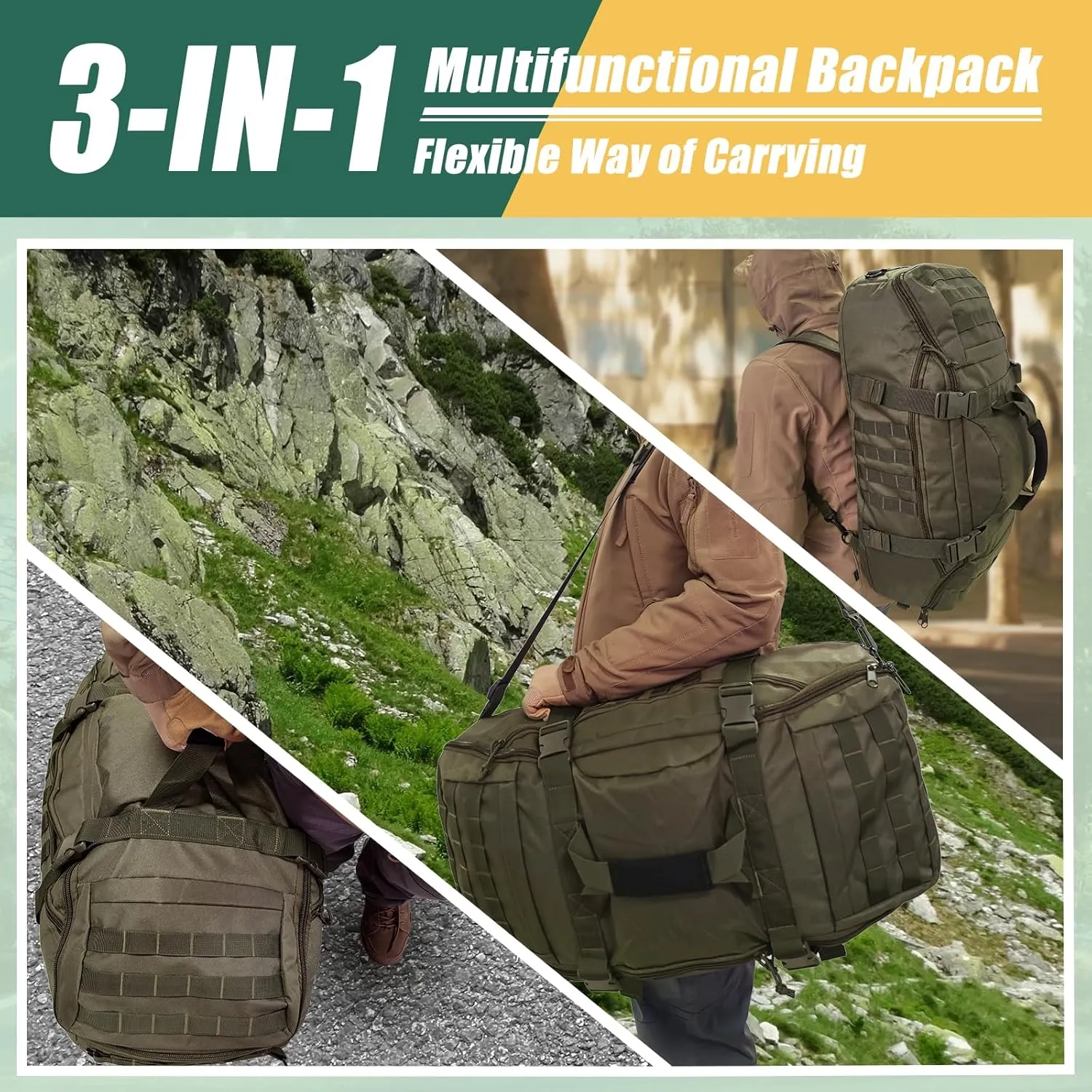 55L Large Travel Gym Duffle Bag Military Tactical Backpack, Army Pack 3 Day Bug Out Bag Rucksack for Outdoor Sport Hiking Camping with Molle System, Olive