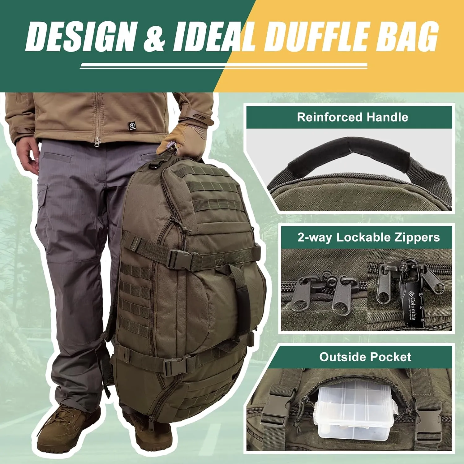 55L Large Travel Gym Duffle Bag Military Tactical Backpack, Army Pack 3 Day Bug Out Bag Rucksack for Outdoor Sport Hiking Camping with Molle System, Olive
