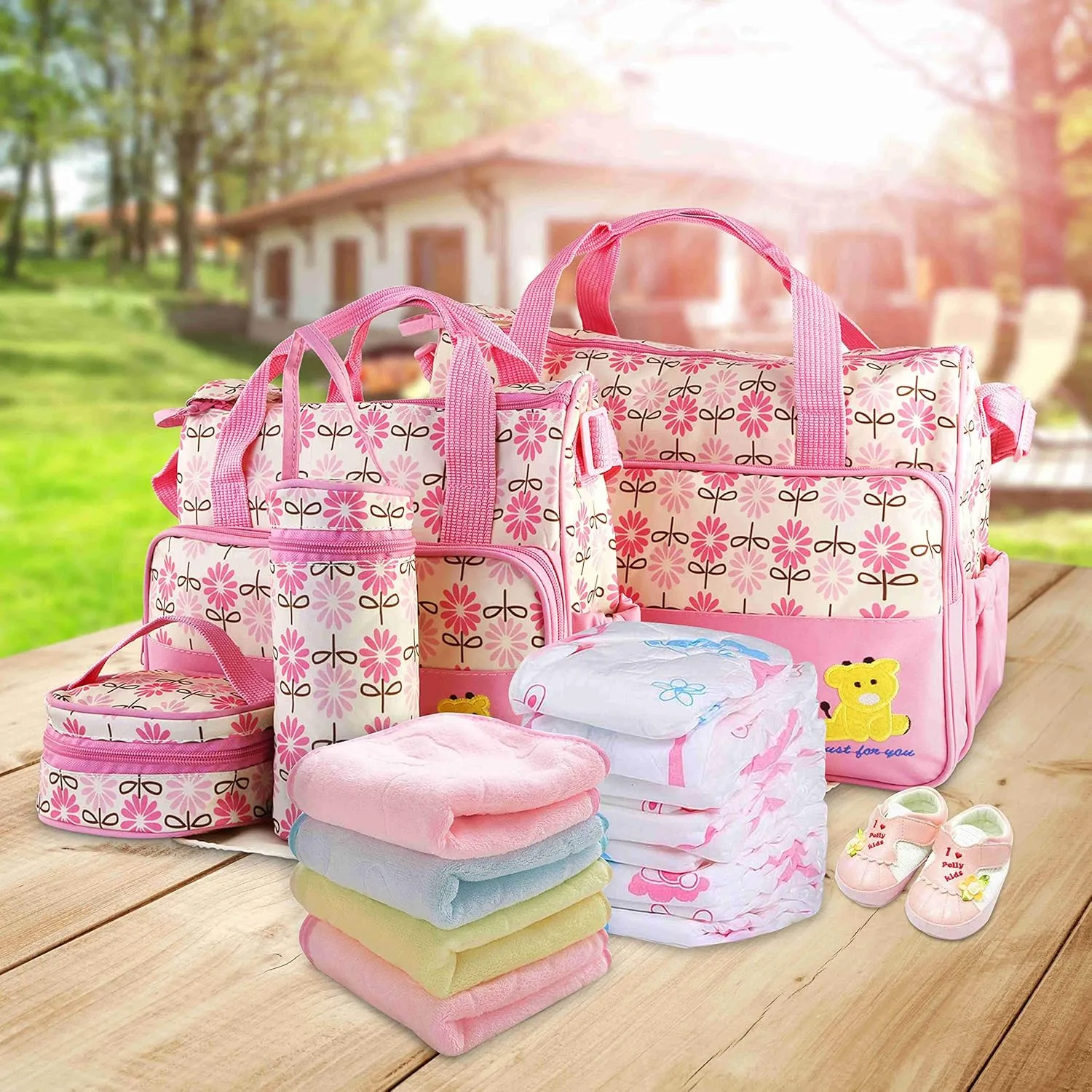 5Pcs Diaper Bag Tote Set,Large Mommy Bag with Portable Nappy Changing Pad,Pacifier Case,Travel Baby Bags for Mom