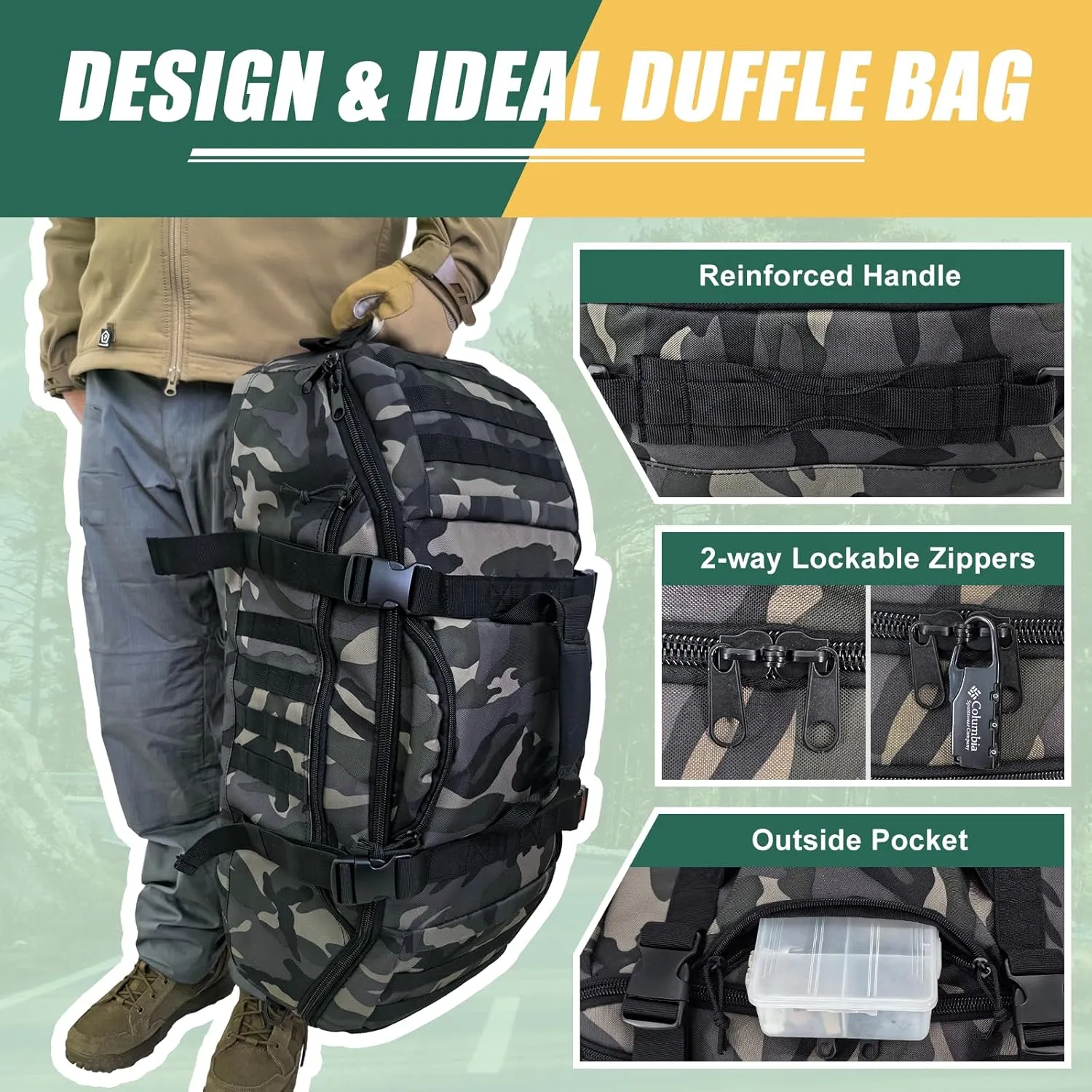 65L Large Travel Duffle Bag Military Tactical Backpack, Army Assault Pack Bug Out Bag Rucksack for Outdoor Sport Hiking Camping with Molle System