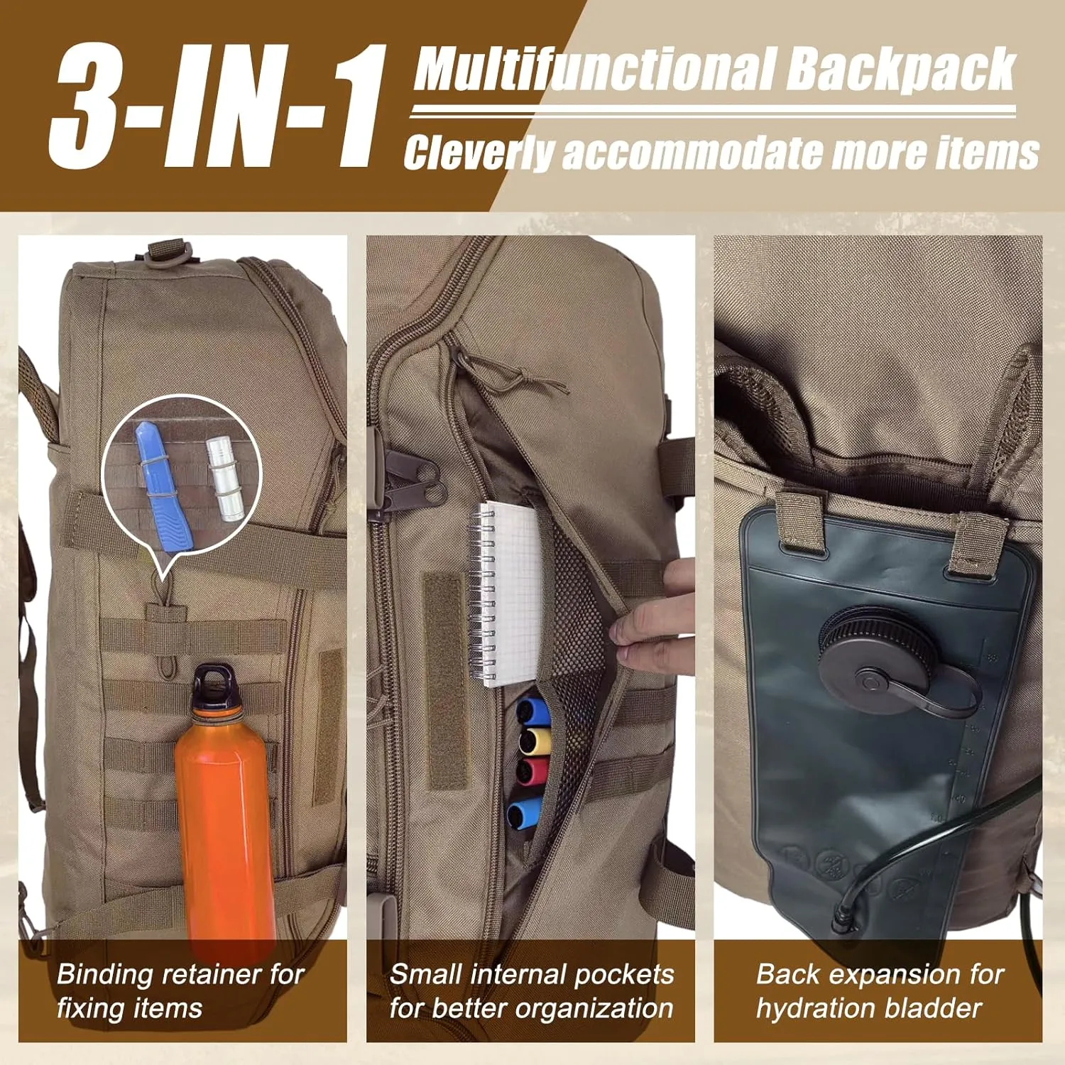 65L Large Travel Gym Duffle Bag Military Tactical Backpack, Army Pack 3 Day Bug Out Bag Rucksack for Outdoor Sport Hiking Camping with Molle System, Coyote