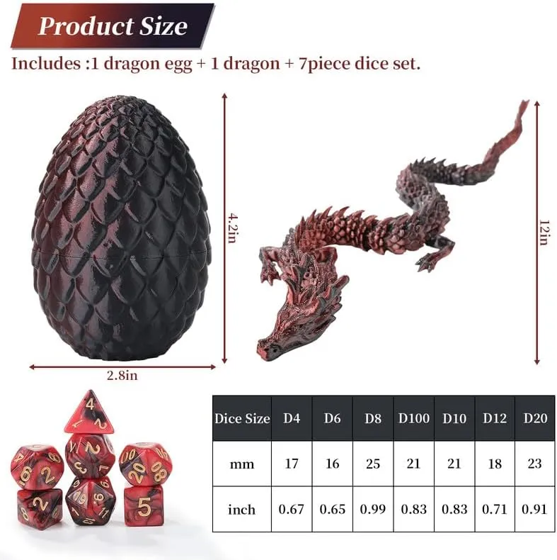 7 Pcs DND Dice Set and 3D Printed Dragon Egg,DND Dice Dungeons and Dragons Polyhedral Dice Starter Games Fidget Toys Set for RPG MTG Table Games,Black Red